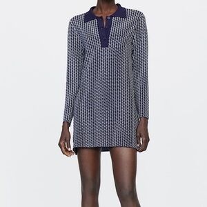 🆕 ZARA Jacquard Knit All Over Logo Print Collar Dress in Navy SZ S
